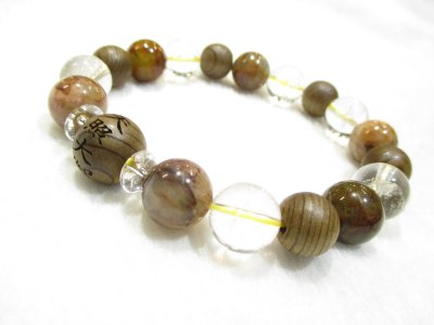 画像1: パワーストーン・京都/【日本の神様】【天照大御神 (あまてらすおおみかみ)】彫刻【神代杉】【ピーターサイト】【ヒマラヤ産本水晶】【そろばん珠本水晶】ブレスレット、桐箱付き【伏見の京屋】