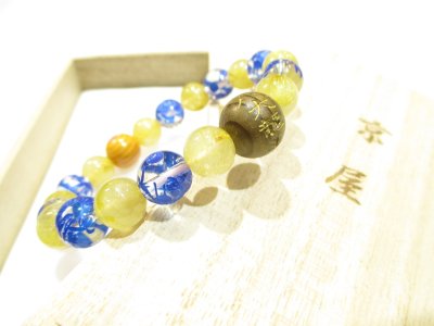 画像1: パワーストーン・京都/【金運、商売繁盛、家運隆盛、水難防止、子孫繁栄、五穀豊穣、社会的成功、必勝祈願】【八大龍王神】彫刻【神代杉】【そしじ(宗、主、神)】彫刻【柘植】【皇帝龍彫刻本水晶(八神)】【ゴールドルチルクォーツ】ブレスレット、桐箱付き【伏見の京屋】