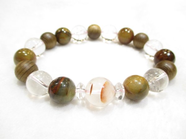 画像1: パワーストーン・京都/【人間関係・夢・強力波動・健康】【rレッド・ホワイトファントム・クォーツ】【神代杉】【ピーターサイト】【ヒマラヤ産本水晶】【そろばん珠本水晶】ブレスレット桐箱付き【伏見の京屋】 (1)