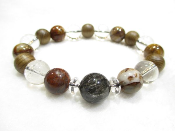 画像1: パワーストーン・京都/【勝負・夢・強力波動・健康】【ブラックルチルクォーツ】【神代杉】【ピーターサイト】【ヒマラヤ産本水晶】【そろばん珠本水晶】ブレスレット桐箱付き【伏見の京屋】 (1)